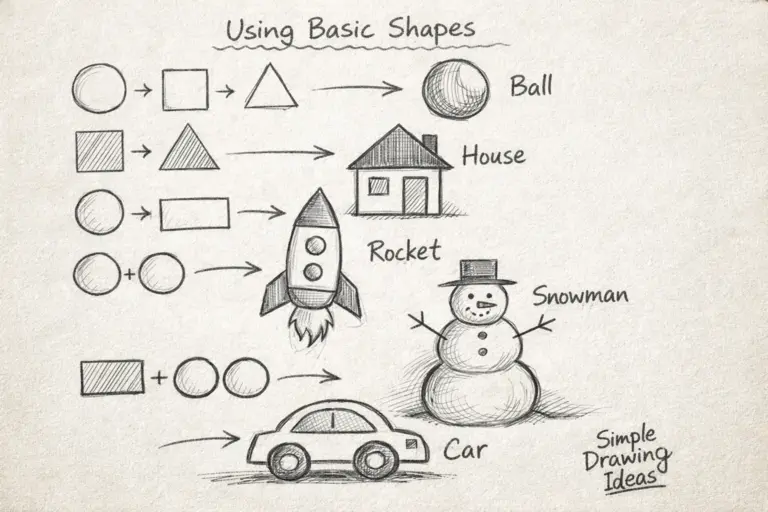 Basic shapes (circle, square, triangle) used to create simple drawing ideas
