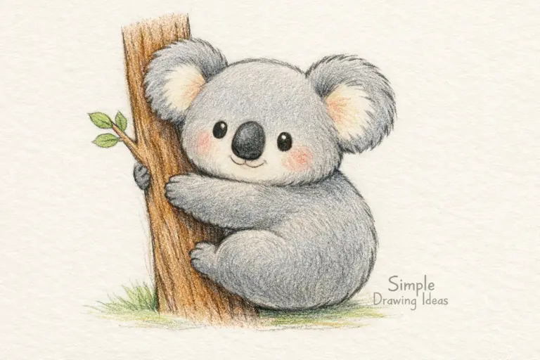 Simple koala drawing with fluffy ears demonstrating simple drawing ideas