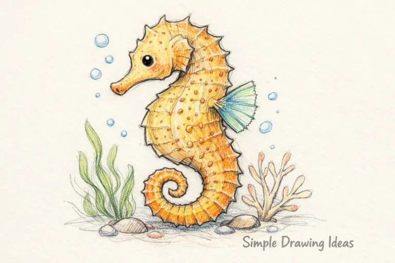 Curled seahorse with texture dots showing simple drawing ideas
