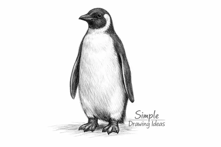 Standing penguin with flippers showing simple drawing ideas