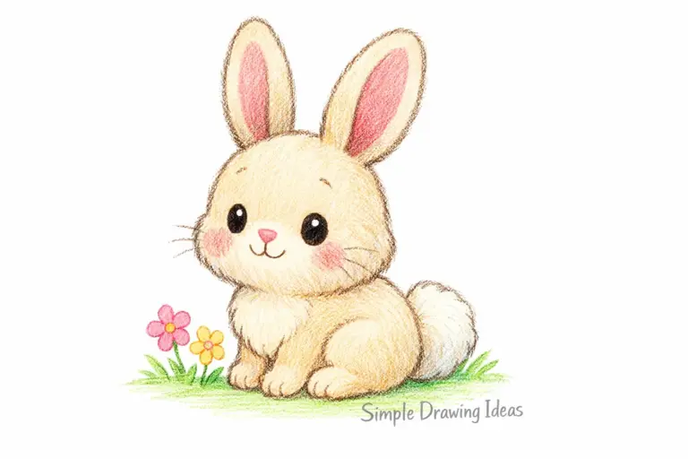 Cute bunny with long ears and fluffy tail showing simple drawing ideas