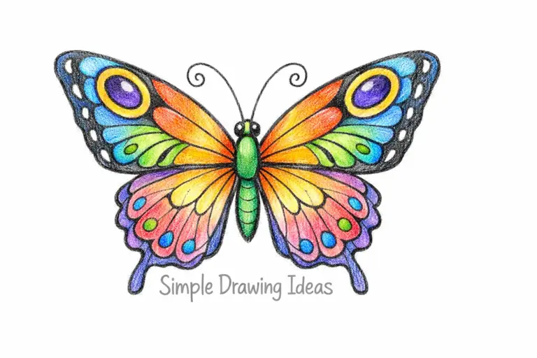 Colorful butterfly with symmetrical wings and patterns showing simple drawing ideas