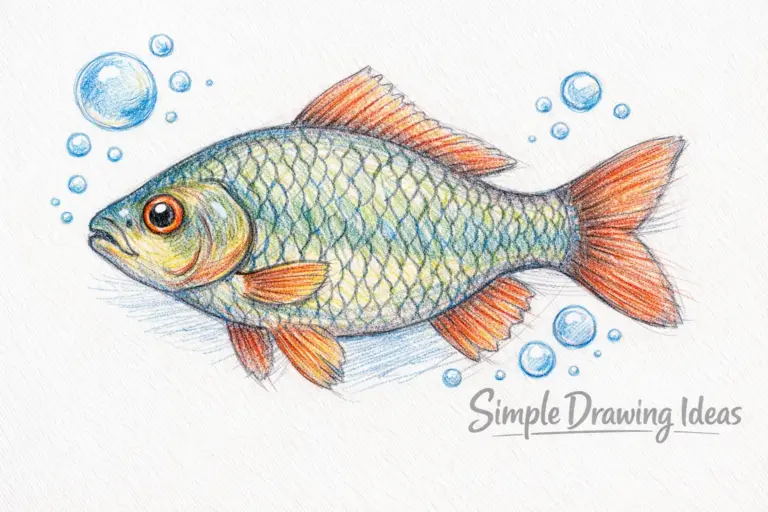 Fish with scales, fins and bubbles demonstrating simple drawing ideas