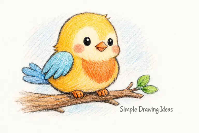 Cute bird on branch with feathers showing simple drawing ideas
