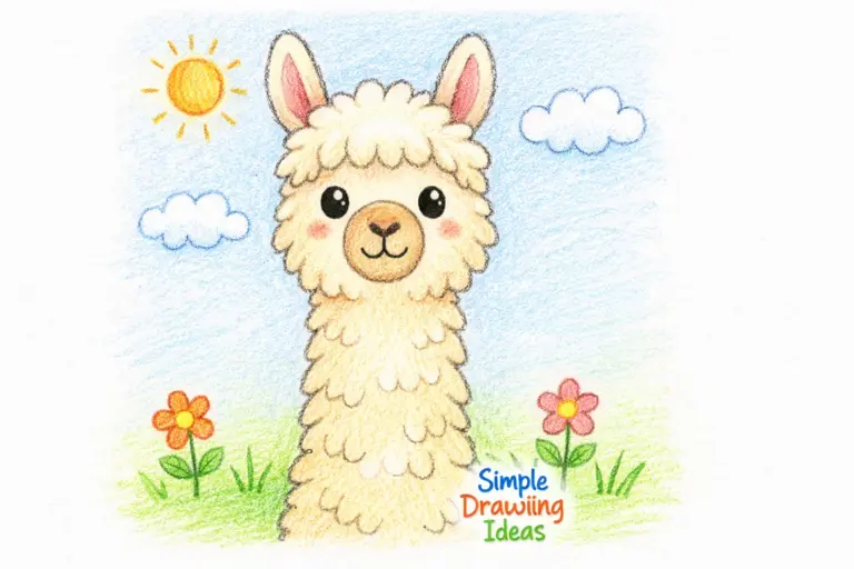Friendly llama with long neck and fluffy wool showing simple drawing ideas