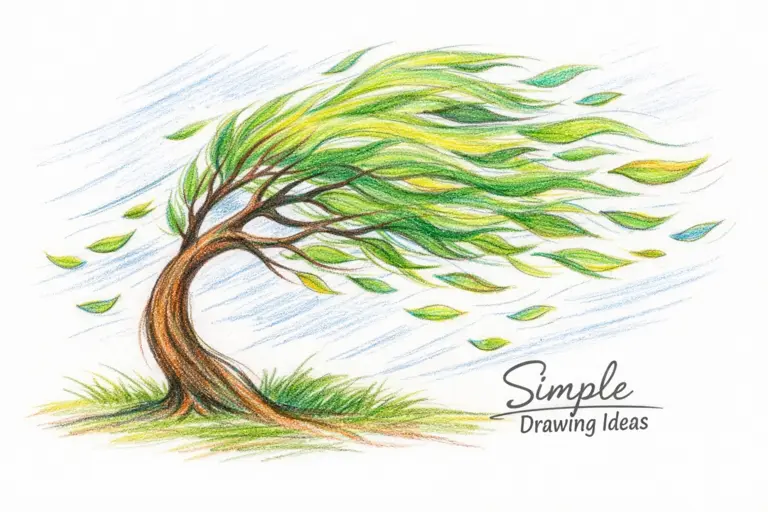 Tree bending in wind with flowing leaves showing simple drawing ideas