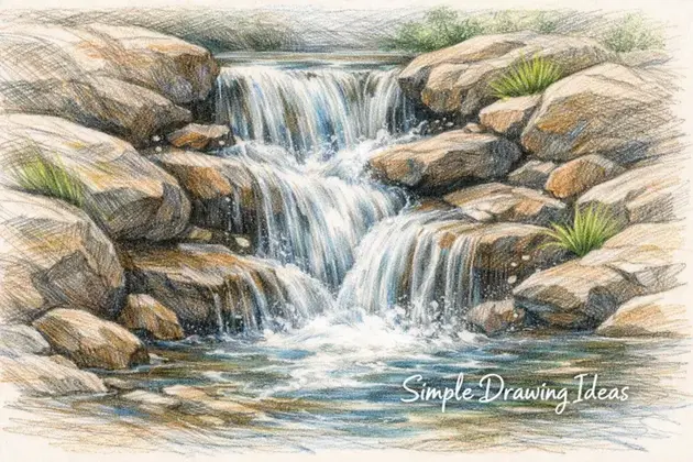 Water flowing down rocks demonstrating simple drawing ideas
