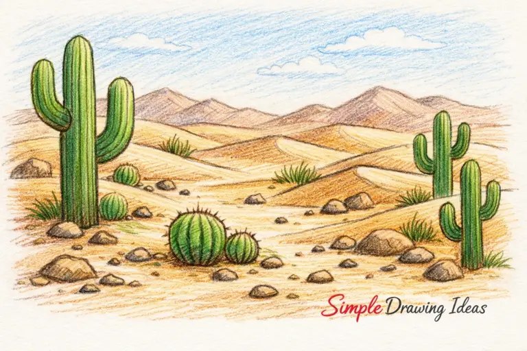 Desert with cactus plants and dunes showing simple drawing ideas
