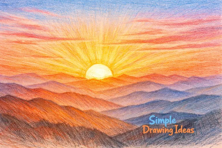 Sun rising behind layered hills showing simple drawing ideas