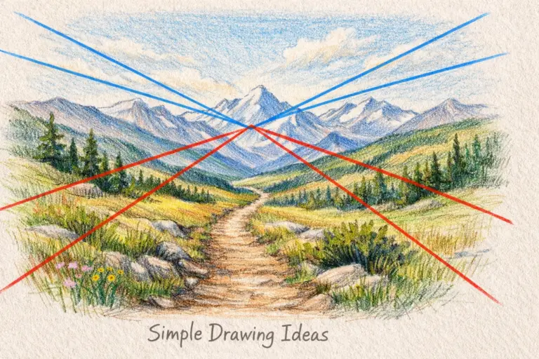 Trail leading into mountains with perspective lines showing simple drawing ideas