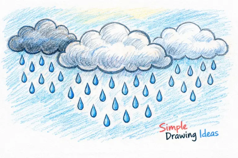 Clouds dropping rain with teardrop raindrops showing simple drawing ideas