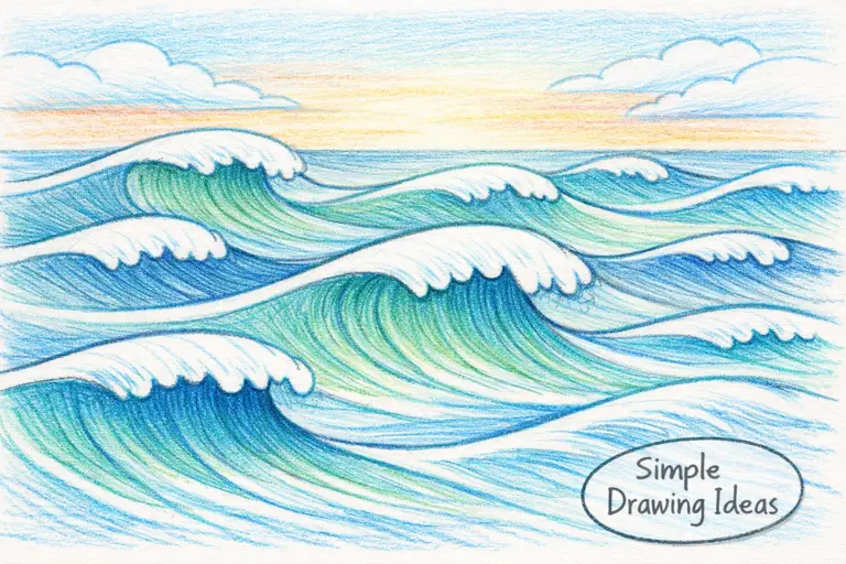 Rolling ocean waves with curved lines showing simple drawing ideas
