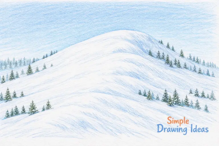Hill covered in snow with tiny trees for scale showing simple drawing ideas