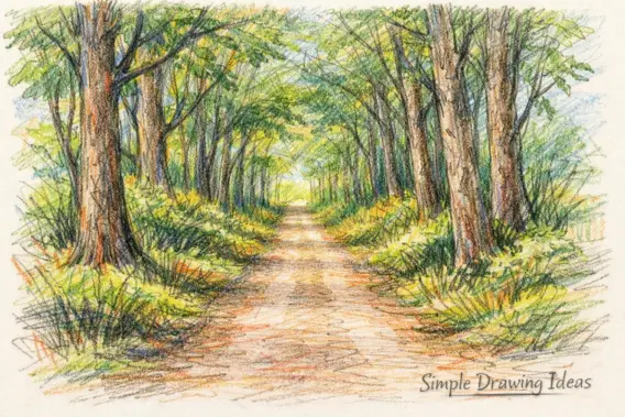 Path between trees narrowing into distance showing simple drawing ideas