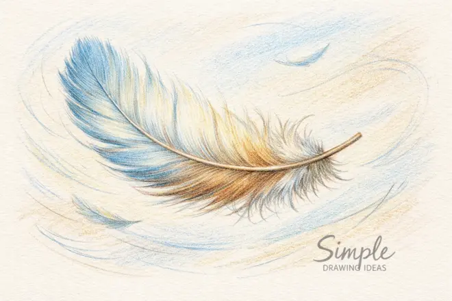 Feather drifting in air with light strokes showing simple drawing ideas