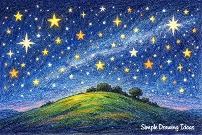 Stars above a small hill with different star sizes showing simple drawing ideas