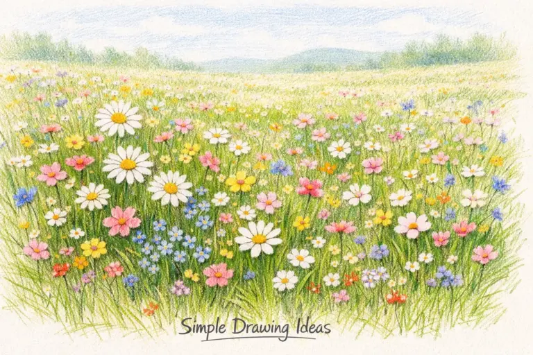Small flowers across meadow with varying sizes showing simple drawing ideas