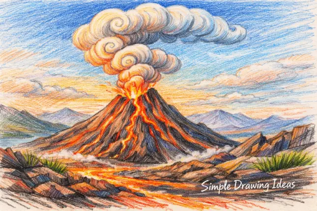 Volcano with curved smoke clouds showing simple drawing ideas