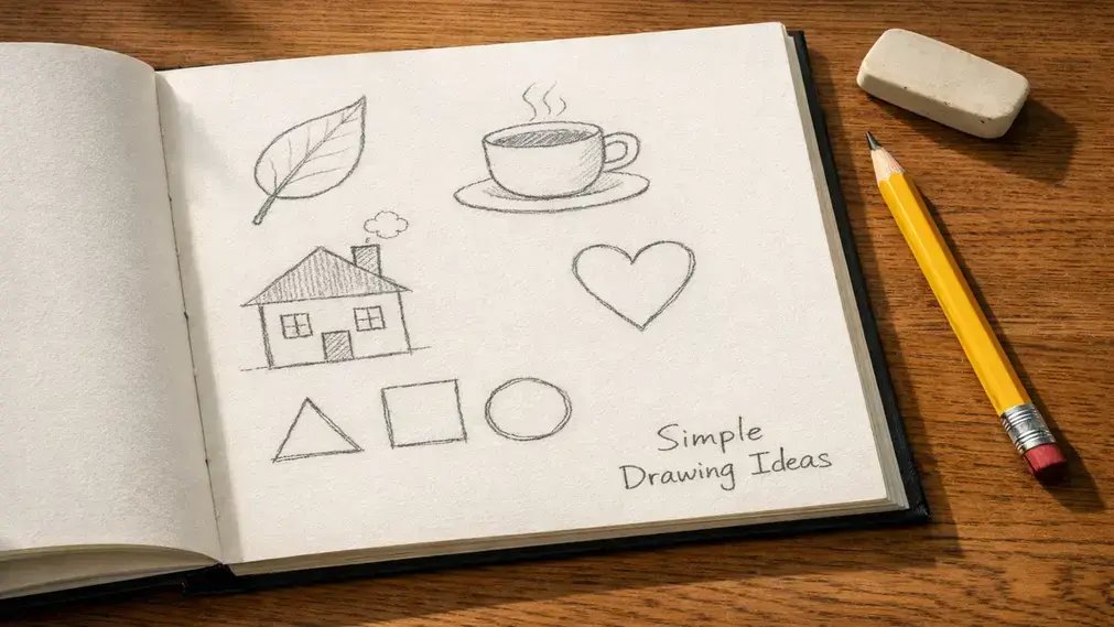 Simple drawing ideas in a beginner sketchbook with basic shapes and objects