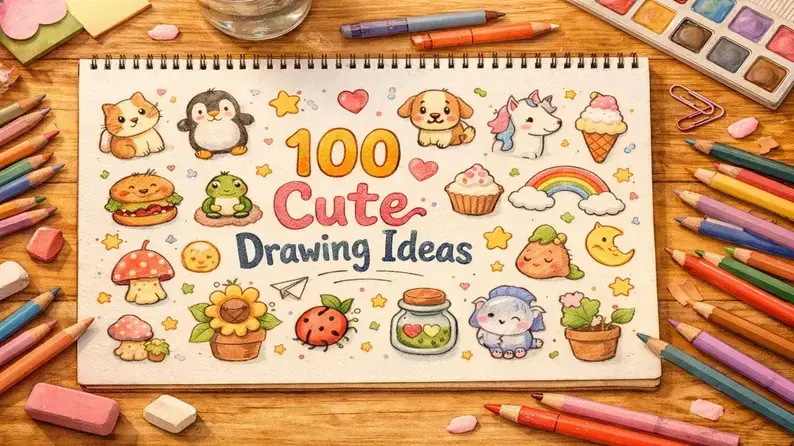 Sketchbook with colorful cute drawings of animals, food, nature, objects, and fantasy characters with text "100 Cute Drawing Ideas", human-created, inspiring and playful