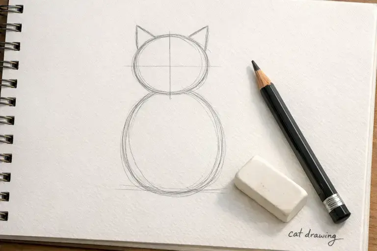 Simple cat drawing shapes: circle head, oval body, triangle ears