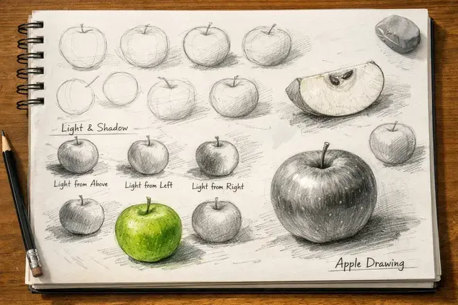 apple drawing practice sheet with multiple sketches and shading studies