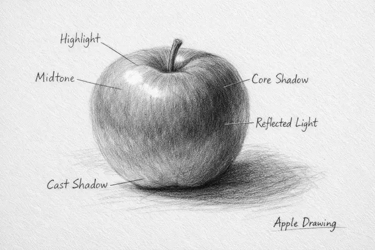 apple drawing shading light midtone core shadow reflected light example