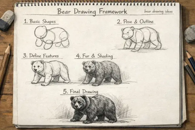 bear drawing ideas step by step shapes and sketch