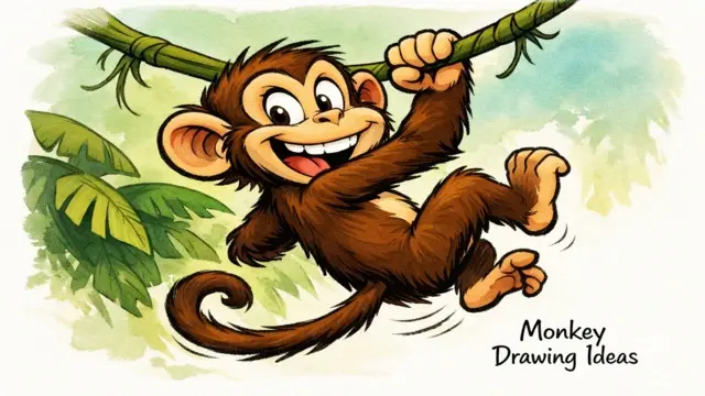 Expressive cartoon monkey drawing ideas showing a cheeky monkey swinging from a vine with a big grin.