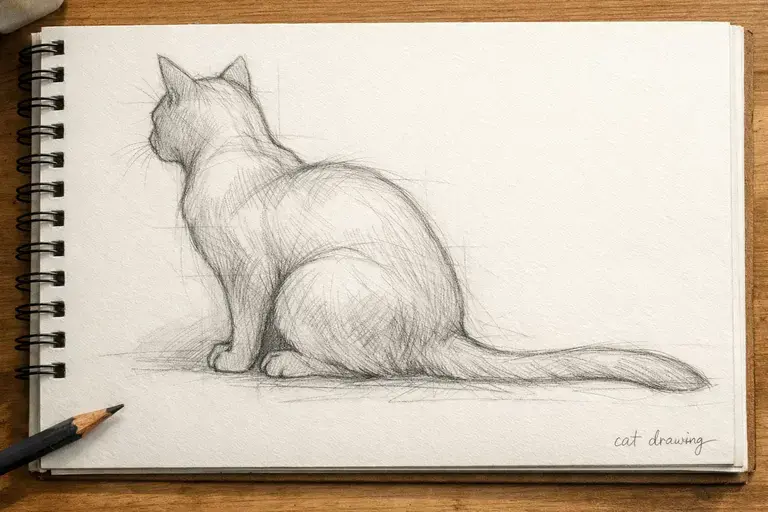 cat drawing: Cat body and tail drawn with proper proportions