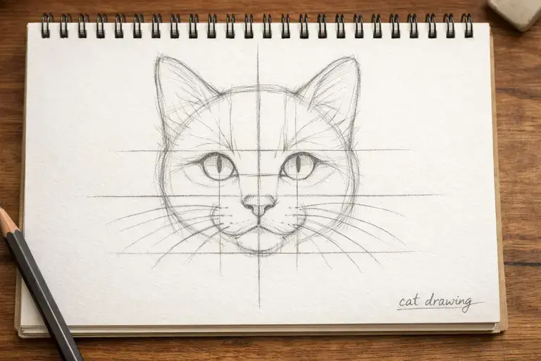 Cat face drawing guide with eyes, nose, whiskers marked