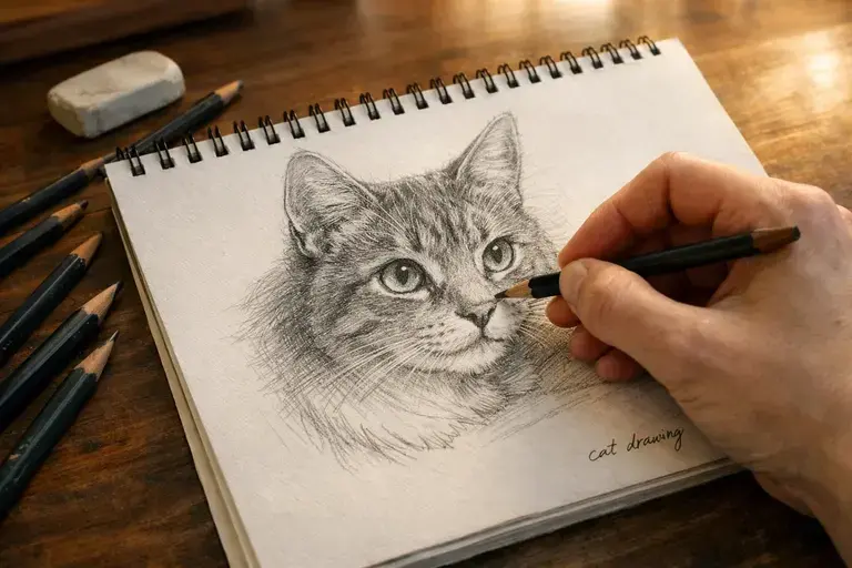 Cat drawing on a sketchbook with pencils, human hand in action