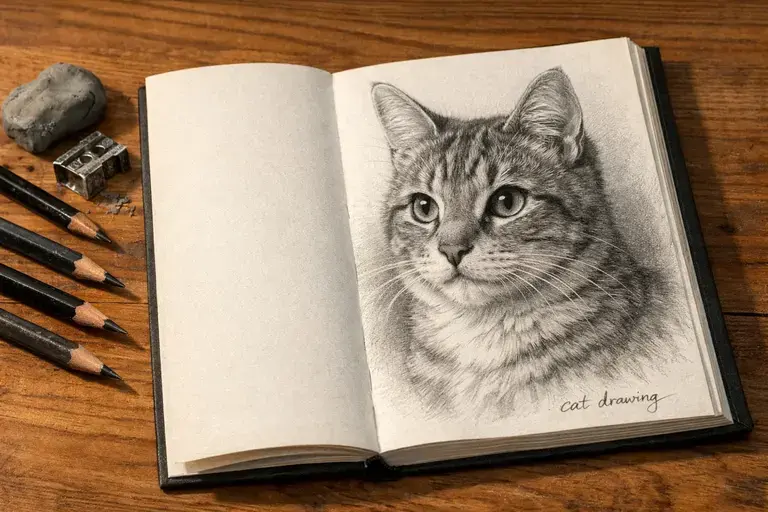 cat drawing: Realistic cat sketch showing fur layers, eyes, and anatomy