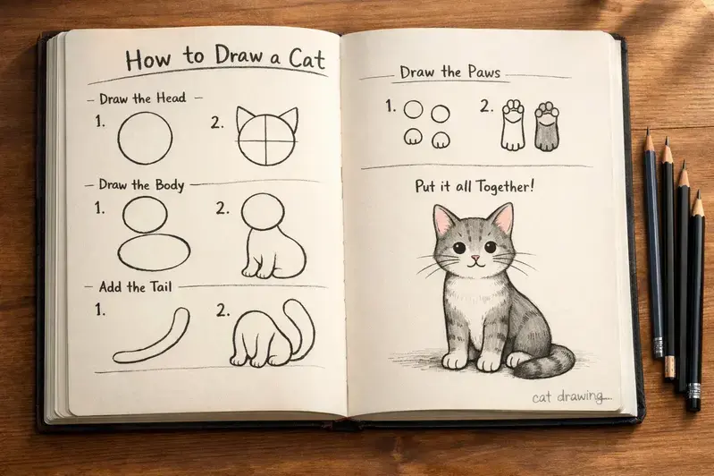 Cat drawing reference photo with step-by-step templates on sketchbook