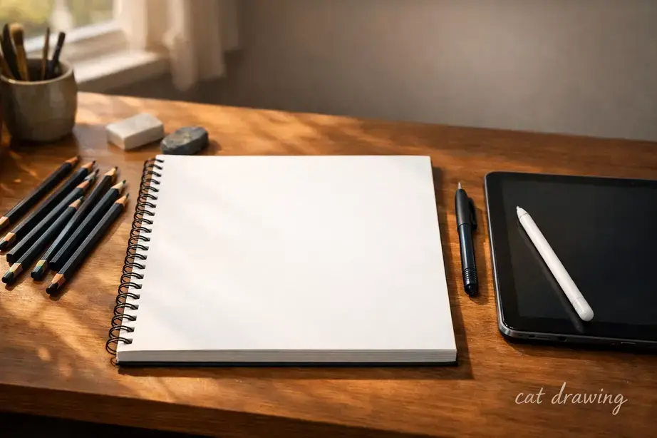 Cat drawing tools on desk: pencils, sketchbook, stylus, tablet