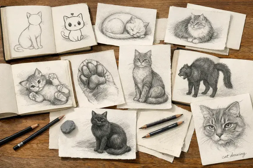 Collage of 10 simple cat drawing styles including cute, sleeping, sitting, kitten