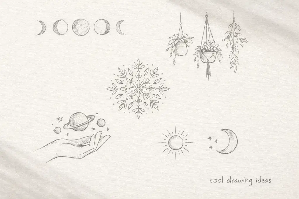cool drawing ideas aesthetic sketches including moon phases and botanical mandala