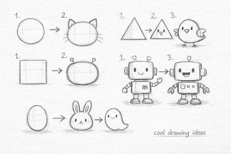 cool drawing ideas beginner sketch showing shapes turning into animals