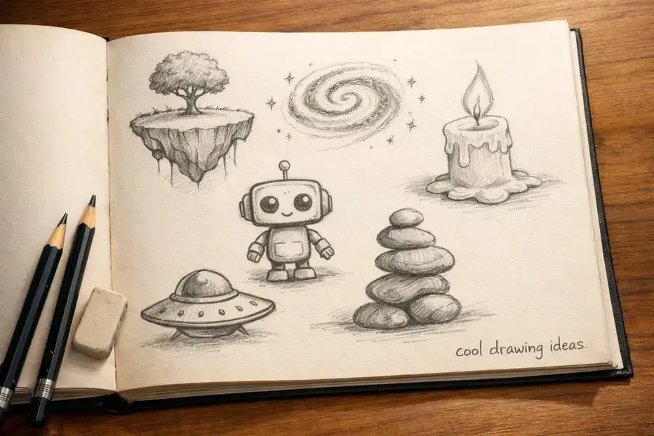 cool drawing ideas beginner sketches including galaxy candle robot and floating island