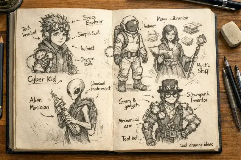 cool drawing ideas character design sketches including cyberpunk and fantasy characters