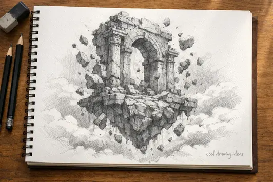 crumbling floating monument drawing cool drawing ideas broken statue sketch