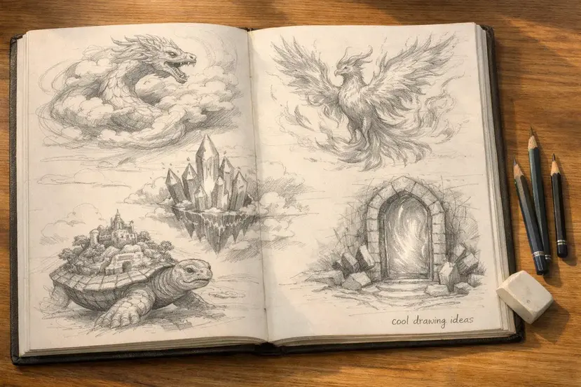 cool drawing ideas fantasy sketches including dragons phoenix and floating castles