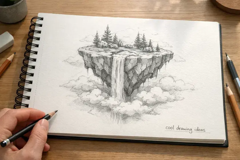 floating island sketch cool drawing ideas easy floating island drawing with trees and waterfall