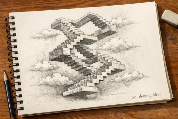 gravity defying staircase drawing cool drawing ideas surreal staircase sketch