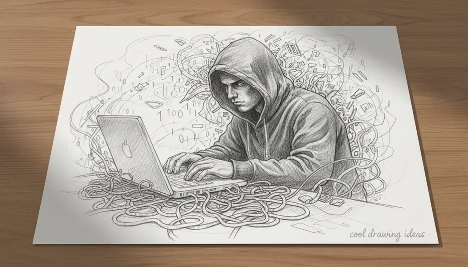 neon hacker character drawing cool drawing ideas futuristic hacker sketch