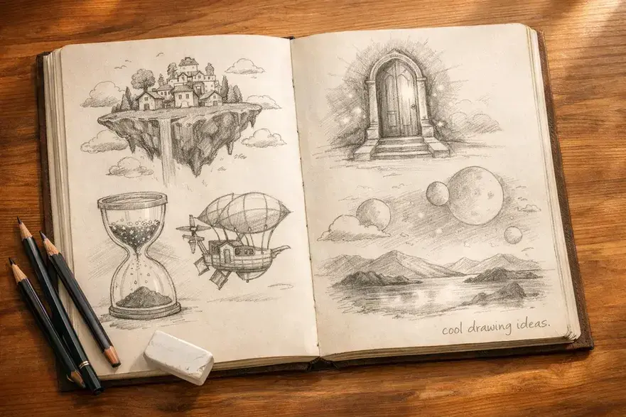 cool drawing ideas creative sketchbook page with surreal concepts