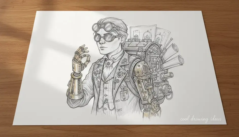 steampunk inventor drawing cool drawing ideas mechanical character sketch