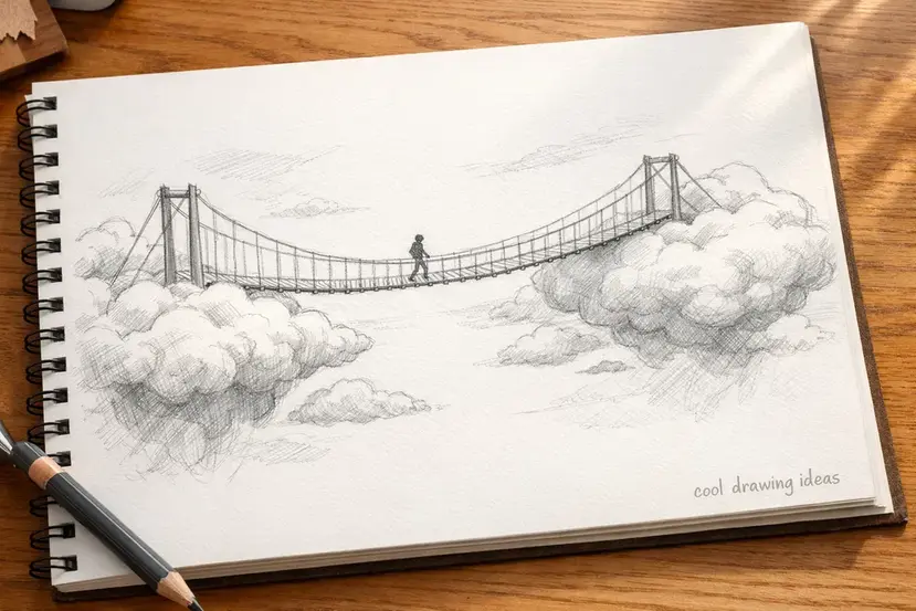 suspended bridge between clouds drawing cool drawing ideas floating bridge sketch