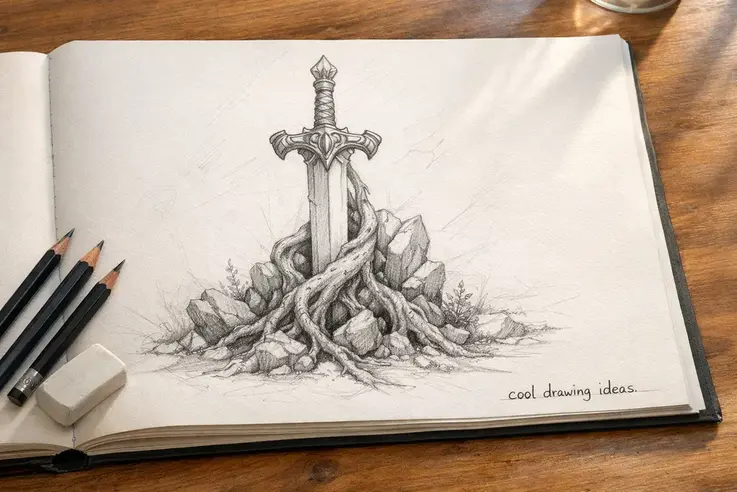 sword growing from stone roots drawing cool drawing ideas fantasy sketch