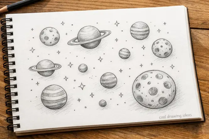 tiny floating planets sketch cool drawing ideas space doodle drawing for beginners